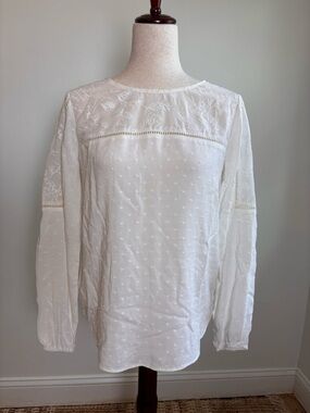 LOFT XS NWT White Long Sleeve Semi Sheer Blouse Embroidered details